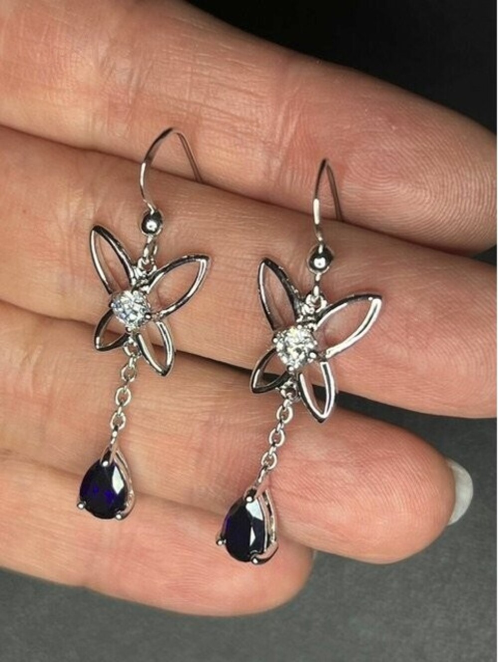 B7393 Sterling Silver Butterfly Dangle Earrings Blue Spinel & CZ 1.75" drop